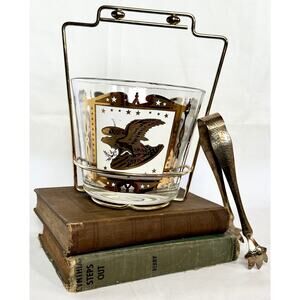 Vintage Glass Ice Bucket Gold Eagle pattern Gold holder and tongs
